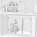 Green Kitchen Cabinets With Open Doors Featuring Storage Rack Inside Sink And Marble Countertop