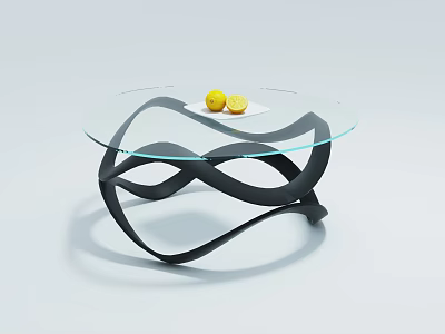 Modern Coffee Table With Round Glass Top Black Intertwined Ribbon Base And Two Lemons 3d model