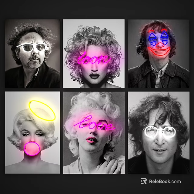 Creative Neon Art Portrait Designs With Colorful Elements On Black White 3d model 