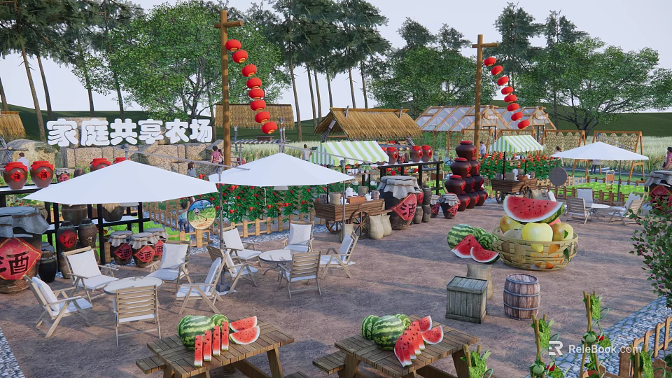 Outdoor Garden Landscape with Dining Area Watermelons Umbrellas Tables Chairs Red Lanterns and Thatched Huts 3d model 