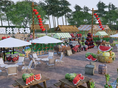 Outdoor Garden Landscape with Dining Area Watermelons Umbrellas Tables Chairs Red Lanterns and Thatched Huts 3d model