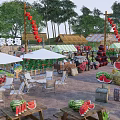 Outdoor Garden Landscape with Dining Area Watermelons Umbrellas Tables Chairs Red Lanterns and Thatched Huts