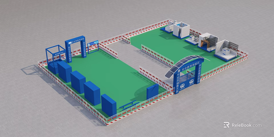 Construction Site Safety Facilities With Green Ground Blue Guardrails And Warning Tapes 3d model 