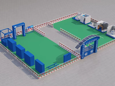 Construction Site Safety Facilities With Green Ground Blue Guardrails And Warning Tapes 3d model