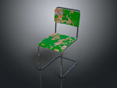 Vintage Single Chair With Green And Brown Patchy Seat Back And Metal Frame 3d model