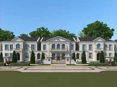 Elegant European Style Detached Villa With White Exterior Black Roof And Lawn Trees 3d model