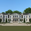 Elegant European Style Detached Villa With White Exterior Black Roof And Lawn Trees