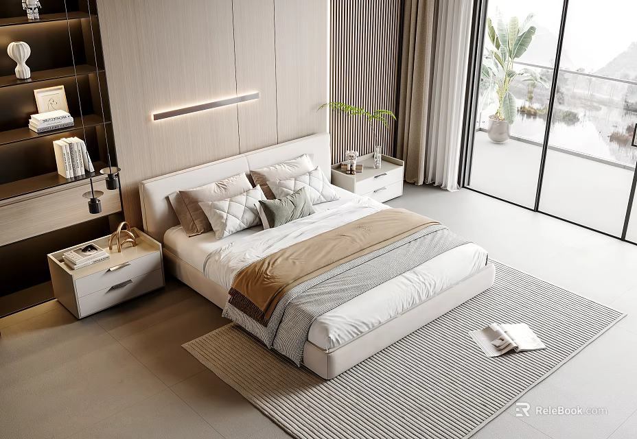 Modern Double Bed in Bright Bedroom with Wooden Wall Large Window Nightstands and Decorative Pillows 3d model 