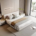 Modern Double Bed in Bright Bedroom with Wooden Wall Large Window Nightstands and Decorative Pillows