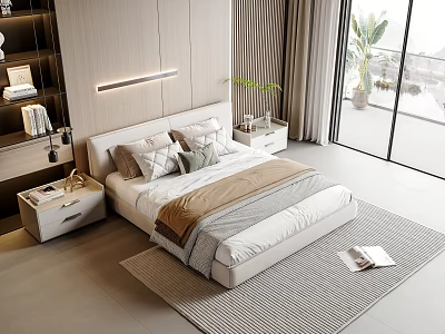 Modern Double Bed in Bright Bedroom with Wooden Wall Large Window Nightstands and Decorative Pillows 3d model