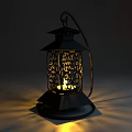 Three Black Metal Vintage Style Outdoor Lights With Intricate Cutout Patterns Lit Inside