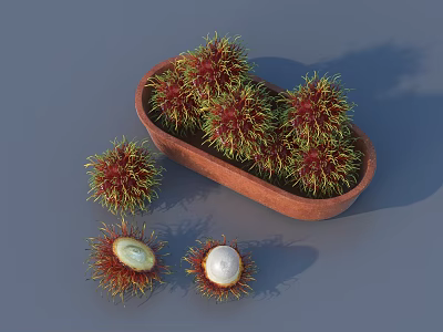 Fresh Rambutan Fruits In Wooden Bowl With Peeled Ones On Gray Background 3d model