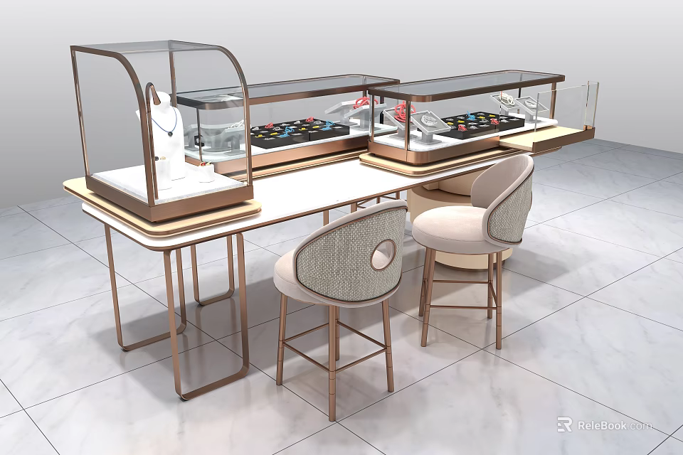 Luxury Jewelry Display Cabinets With Glass Covers Gold Metal Frames Marble Countertop And Chairs 3d model 