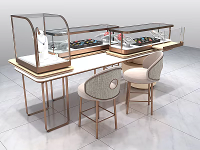 Luxury Jewelry Display Cabinets With Glass Covers Gold Metal Frames Marble Countertop And Chairs 3d model