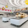 Modern Bright Dessert Shop in Shopping Area With Cashier Counters Display Cases and Colorful Decorations