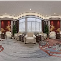 Chinese Style Hotel Public Lounge Area With Red Walls Golden Decorations And Beige Sofas