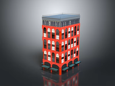 Cartoon Scene Of Multi Story Red Building With Windows Green Awnings And Gray Roof 3d model