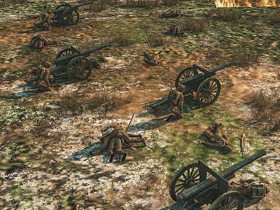 Cartoon Battlefield Scene with Old Cannons Soldiers Lying on Grassy Dirt Ground and Flames 3d model