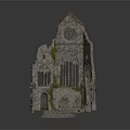 Ancient Ruined Church Stone Structure With Arched Windows Clock Moss And Stone Steps