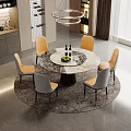 Round Dining Table Set with Marble Top Six Yellow and Grey Chairs 3d model