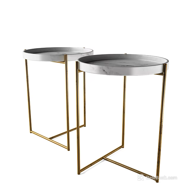 Two Modern Round Side Tables With Marble Top And Gold Metal Legs 3d model 