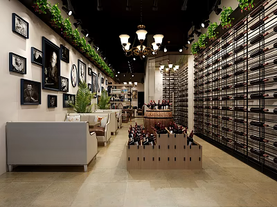 Wine Cellar Interior With Wall Decorative Paintings Hanging Wine Racks Chandeliers And Green Plants Sofa 3d model