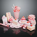 Assorted Pink Sweet Desserts With Strawberry Cake Ice Cream And Candy Decorations
