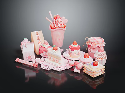Assorted Pink Sweet Desserts With Strawberry Cake Ice Cream And Candy Decorations 3d model