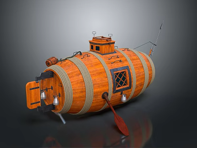 Wooden Barrel Shaped Weapon With Rope Wrapped Structure Spear Paddle And Mini Cabin Design 3d model