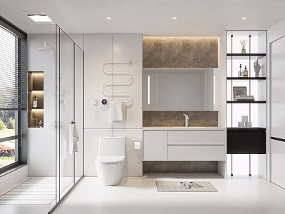 Modern Bathroom Interior Design With Glass Shower Toilet Vanity And Storage Shelves 3d model