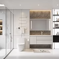 Modern Bathroom Interior Design With Glass Shower Toilet Vanity And Storage Shelves