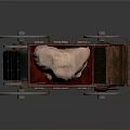 Vintage Red Carriage with Four Large Wheels Light Colored Roof Cover and Retro Decorative Details