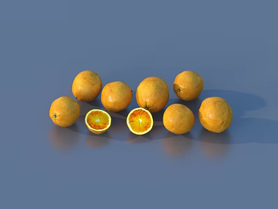 Several Fresh Juicy Whole and Halved Oranges on Gray Reflective Surface 3d model