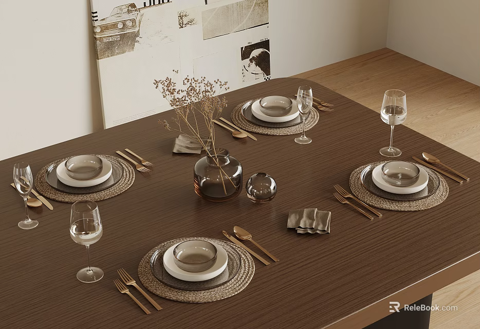 Elegant Dining Table Setting With Placemat Plate Cutlery Wine Glass Vase And Dried Flowers 3d model 