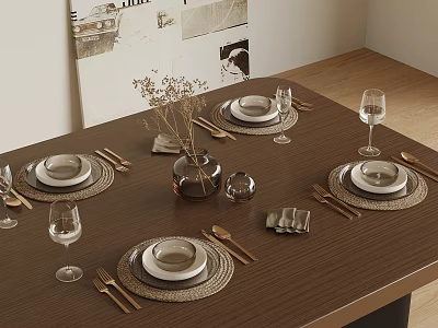 Elegant Dining Table Setting With Placemat Plate Cutlery Wine Glass Vase And Dried Flowers 3d model