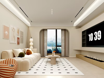 Modern Living and Dining Area With Beige Sofa Geometric Rug Wall Art And TV Wall 3d model