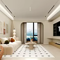 Modern Living and Dining Area With Beige Sofa Geometric Rug Wall Art And TV Wall