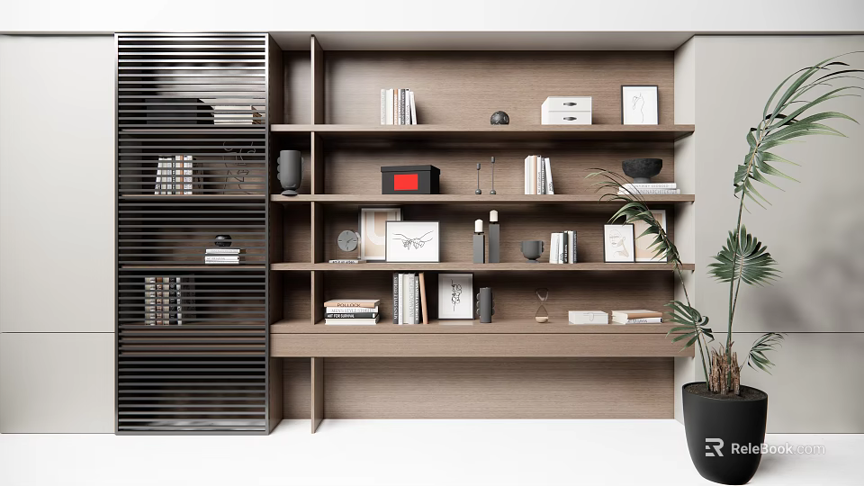 Modern Wooden Bookcase with Multiple Shelves Books Decorative Items Photo Frames and Potted Plant 3d model 