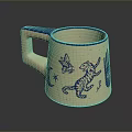 Beige Mug With Blue Handle And Decorative Patterns Of Butterfly Cat Moon Star And Hand