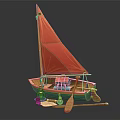 Colorful Model Boat With Red Sail Yellow Green Hull And Small Decorative Accessories