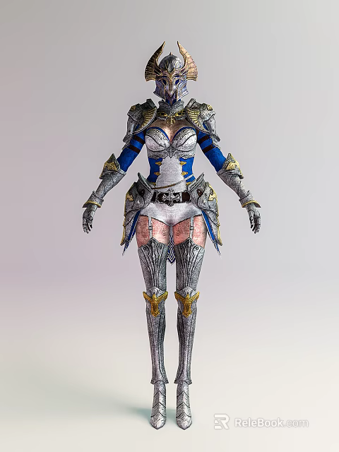 Game and Movie Character in Blue White Silver Armored Outfit With Gold Accents 3d model 