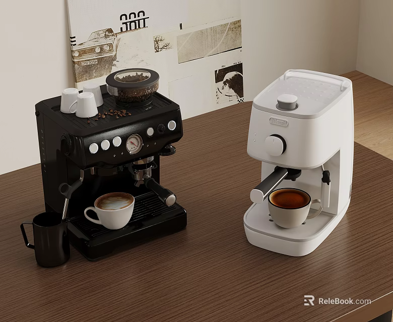 Black and White Espresso Coffee Machines on Wooden Table with Coffee Cups and Beans 3d model 