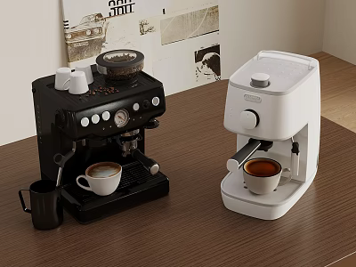Black and White Espresso Coffee Machines on Wooden Table with Coffee Cups and Beans 3d model