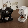 Black and White Espresso Coffee Machines on Wooden Table with Coffee Cups and Beans