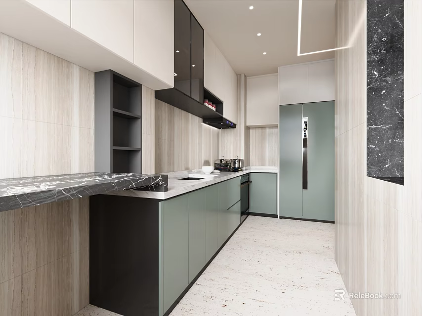 Modern Kitchen Interior With Light And Dark Cabinets Marble Countertop And Black Range Hood 3d model 