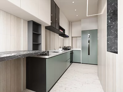 Modern Kitchen Interior With Light And Dark Cabinets Marble Countertop And Black Range Hood 3d model