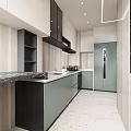 Modern Kitchen Interior With Light And Dark Cabinets Marble Countertop And Black Range Hood