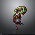 Woman in Vibrant Traditional Outfit Holding Colorful Umbrella with Sequined Details Against Gray Background