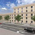 Beige Elegant Hotel Building With Grand Porch Green Trees People Blue Sky And White Clouds
