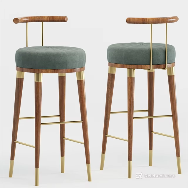 Modern Bar Stools With Green Upholstered Seat Wooden Legs And Gold Metal Accents 3d model 